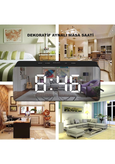 Dijital Aynalı Led Çalar Saat Usb & Pil Destekli, Termometreli, Alarm, Gece Modlu Elektronik Saat Siyah