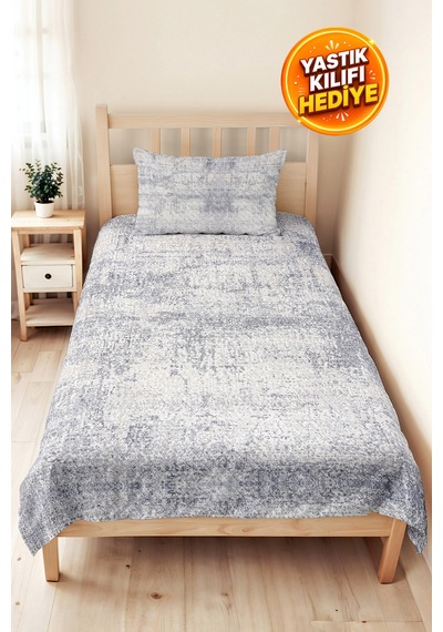 Mavi Gri Modern Genç Odası Tek Kişilik Pike Takımı - Mermer Dokulu 160x220 Cm Kapitone Yatak Örtüsü Kırçıllı Halı Serabı