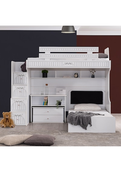 Ranza, Londra Ranza Karyola Oturaklı Çalışma Masası 3 Kapaklı Dolap 2 Adet Comfort Yatak 90 X 190 CM Ranza, Londra Ranza Karyola Oturaklı Çalışma Masası 3 Kapaklı Dolap 2 Adet Comfort Yatak 90 X 190 CM
