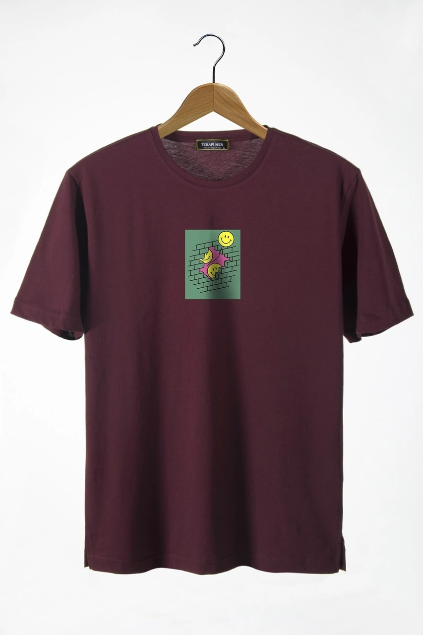 Veaven Unisex Bordo Bisiklet Yaka Önü Smiley Baskılı Oversize T-shirt Bordo