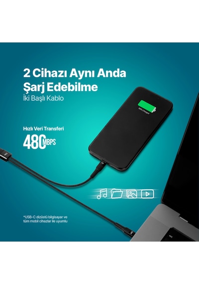 Alumicable Duo Usb-c Usb-c + Lightning 100w 150cm Hızlı Şarj Kablosu 2dk56s