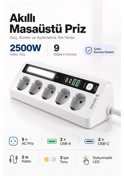 Akım Korumalı Dokunmatik Led Işıklı Priz 5'li + 2x Usb-a + 2x Usb-c 2 Metre Kablo 2 M