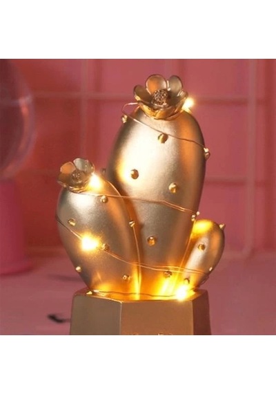 Led Işıklı Sevimli Kaktüs Dekoratif Masa Lambası Mini Biblo Gece Lambası Gold Çok Renkli