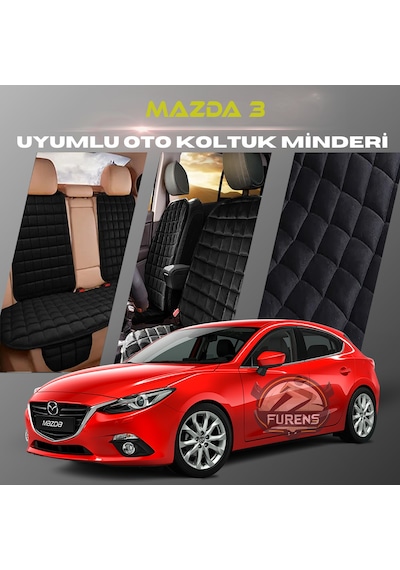 Mazda 3 Siyah Renk Tay Tüyüü Cepli & Terletmez Sırtlı Oto Koltuk Minder Seti - Koltuk Koruma Kılıfı Ön & Arka Tam Set