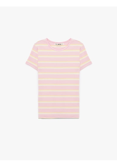 Koton Çizgili Pamuklu Bisiklet Yaka Kısa Kollu Slim Fit Tişört Sarı Çizgili 6sal10537ık