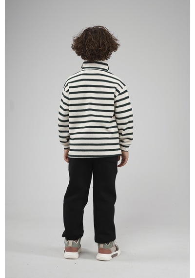 King-Brich Kingbrich Kids Oversize Kalıp Çizgili Yakası Fermuarlı Sweatshirt Yeşil