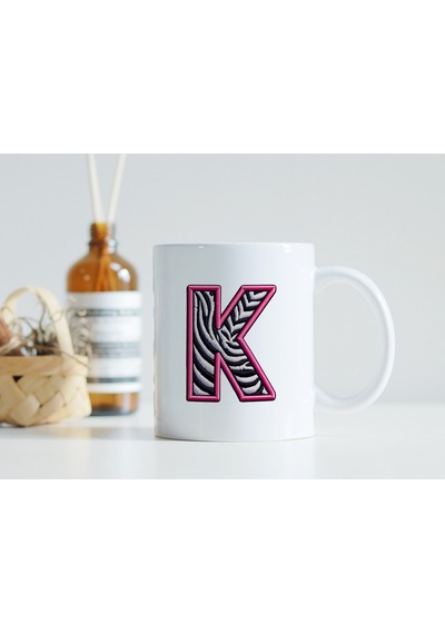 K Harfi Zebra Deseni Ve Pembe Kenarlı Kupa Bardak - Kişiye Özel Nakış Efektli - Siyah Beyaz Pembe Beyaz
