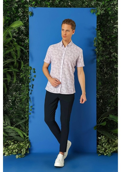 Efor Slim Fit Düğmeli Yaka Şal Desenli Kısa Kol Pamuk Lila Gömlek G 1501 Lila