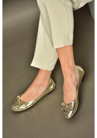 Fox Shoess726056307 Altın Yılan Baskılı Kadın Babet Altın