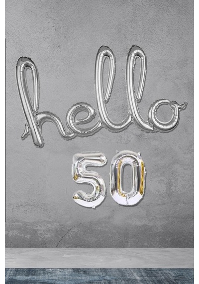 50 Yaş Doğum Günü Balonları - Hello 50 El Yazısı Gümüş Renk Folyo Balon Çok Renkli