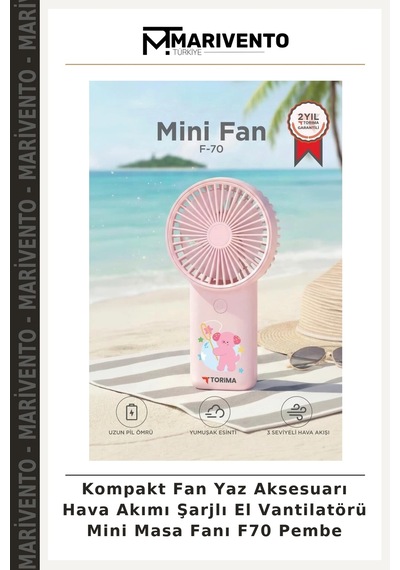 Kompakt Fan Yaz Aksesuarı Hava Akımı Şarjlı El Vantilatörü Mini Masa Fanı F70 Pembe