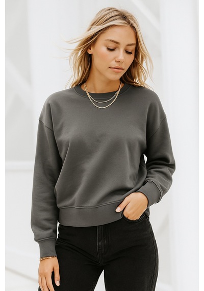 Kadın Füme Pamuklu İnterlock Oversize Sweatshirt Füme