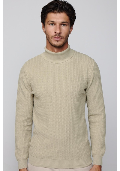 Tudors Slim Fit Tam Boğazlı Tüylenme Yapmayan Taş Rengi Erkek Kazak-29515 Taş - Ekru
