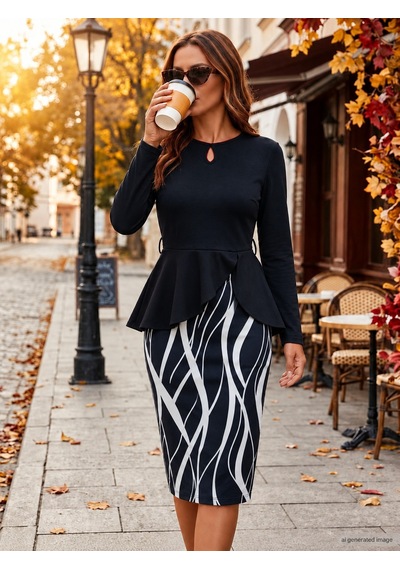 Bhrwear Kadın Uzun Kollu Bisiklet Damla Yakalı Belden Kuşaklı Önü Asimetrik Detaylı Eteği Desenli Midi Modal Ikili Takım Renkli