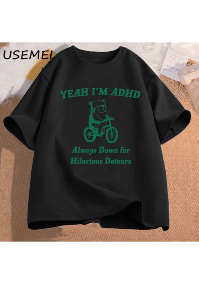 Flood Of Style Komik Grafik T Shirt Erkekler Evet Ben Adhd Rakun Meme T Shirt Unisex Moda Rahat O-boyun Boy Siyah