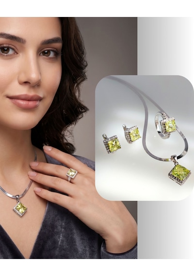 925 Ayar Gümüş Zebercet Peridot Doğal Taşlı Baget Tasarım Kadın Mücevher Set Kolye Küpe Yüzük S.255