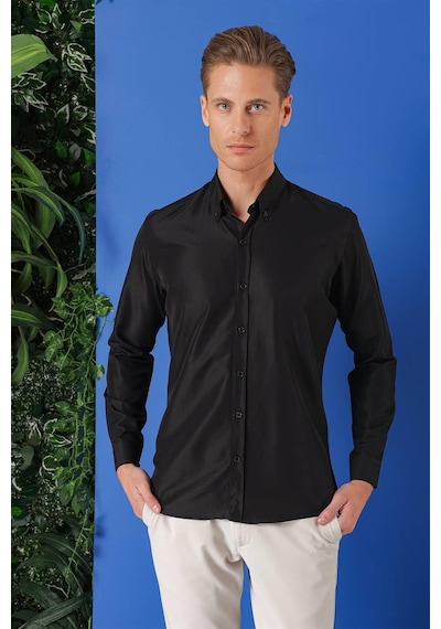 Efor Slim Fit Düğmeli Yaka Pamuklu Klasik Siyah Gömlek Gk 715 Siyah