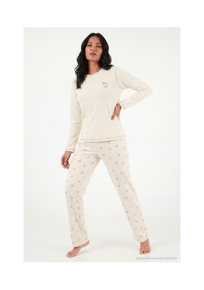 Lela Desenli Yumuşak Dokulu Uzun Kollu Pijama Takımı Kadın Pijama Takımı 6575020 Krem