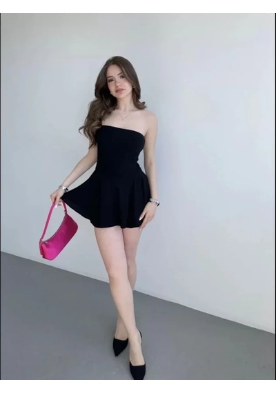 Dogutrend Straplez Mini Etek Görünümlü Şortlu Elbise Büzgülü Şık Yazlık - Siyah Dogutrend Straplez Mini Etek Görünümlü Şortlu Elbise Büzgülü Şık Yazlık - Siyah
