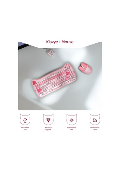 Km-6285 Catty Mini Wireless-bluetooth Kablosuz Ultra Sessiz Özel Tasarımlı Q Klavye Mouse Set Pembe Diğer