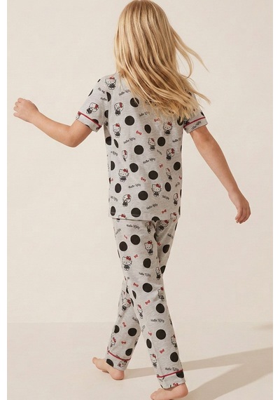 Siyah İnci Hello Kitty Lisanslı %100 Pamuk Pembe Çok Renkli Düğmeli Biyeli Pijama Takım 26120451 Gri Melanj