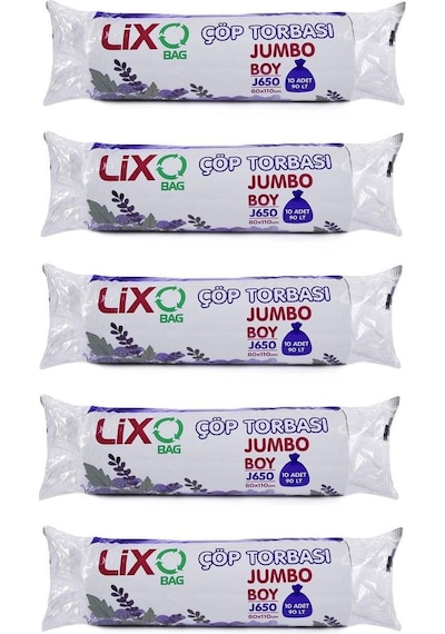 Lixo J-650 Jumbo Boy Çöp Torbası 80 x 110 CM 10'lu Rulo 5 Paket 50 Adet