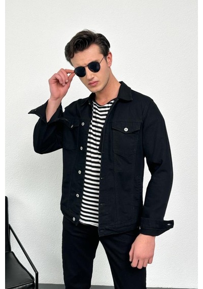 HLT Jeans Erkek Siyah Jean Denim Standart Kalıp %100 Pamuk Cepli Düğmeli Kot Ceket 001