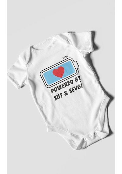 Powered By Süt Ve Sevgi Baskılı Bebek Zıbını Çıtçıtlı Body 8 Renk %100 Pamuk Kısa Kol Beyaz