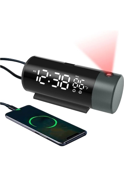 Techtic Projeksiyon Saat Silindir 180 Çift Alarm Sıcaklık-saat Yansıtmalı Çalar Saat Telefon Şarjı