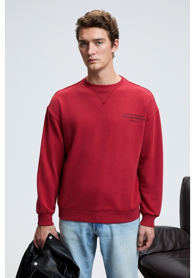 Grımelange CASPIAN Erkek %100 Pamuk Bisiklet Yaka Karyoka Dikişli Baskılı Kırmızı Sweatshirt