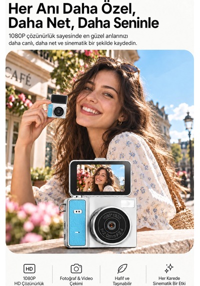 Mimtec Blm-109 Retro Mini Dijital Kamera 1080p Hd Katlanabilir Ekran Flaşlı Selfie Vlog Video Kamerası Mavi
