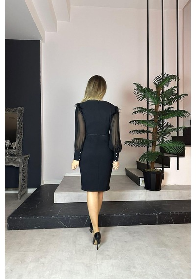 Ges Moda G0858 Otriş Detaylı Kare Yaka Abiye Elbise Siyah-siyah Siyah