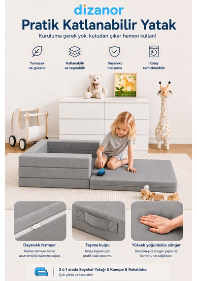 Cozygo Katlanabilir Çocuk Koltuğu Ve Yatağı 3 Ü 1 Arada Antislip Tabanlı Taşınabilir Oyun Alanı Gri