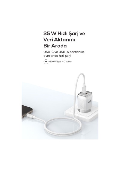 Hızlı Şarj Adaptörü 35w Gan + Type-c Kablo 60w Pd Usb-c & Usb-a, Laptop & Telefon Beyaz-v0102020