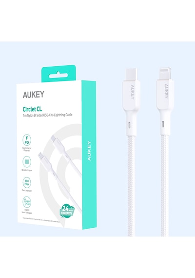Aukey Cb-ncl1-wh Naylon Örgülü 3a 480 Mbps Type-c To Lightning Şarj Kablosu 1.8 M - Beyaz