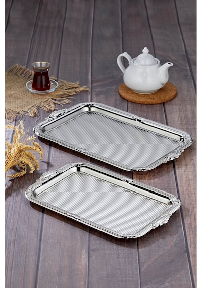 Cooker 2'li Metal Dikdörtgen Gümüş Sunum Tepsisi 43x30 Cm Ve 36x26 Cm Ckr3331 Diğer
