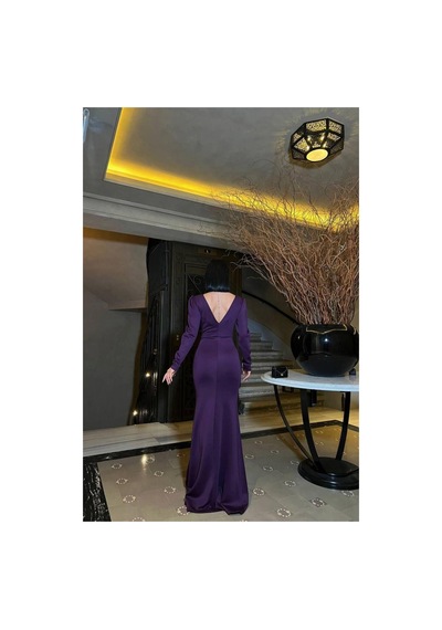 DefyModa Kadın V Yaka Taş Detaylı Uzun Kollu Abiye Elbise Mor