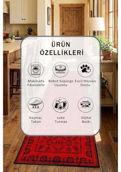 Kırmızı Siyah Yıkanabilir Mutfak Halısı