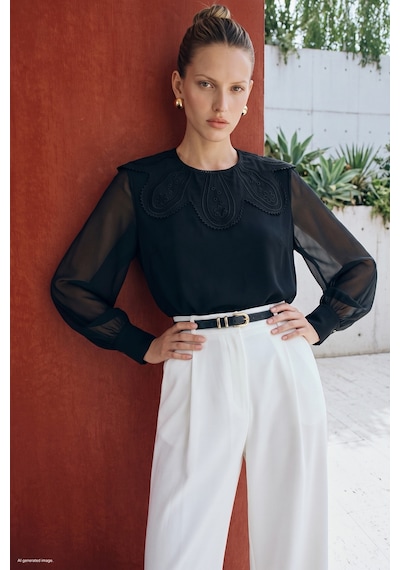 Sateen Yaka Detaylı Bluz - Siyah-137965