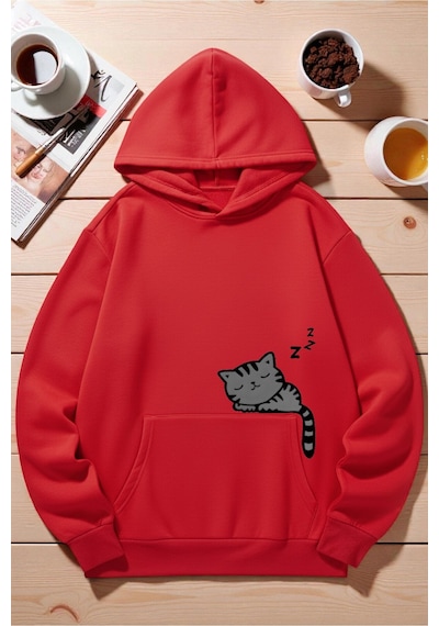 Uyguntarz Unisex Uyuyan Kedi Baskılı Kapüşonlu Sweatshirt Kırmızı