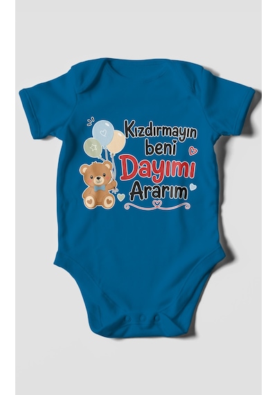 Morivokids Kızdırmayın Beni Dayımı Ararım Kısa Kollu Bebek Body %100 Pamuk Koyu Mavi