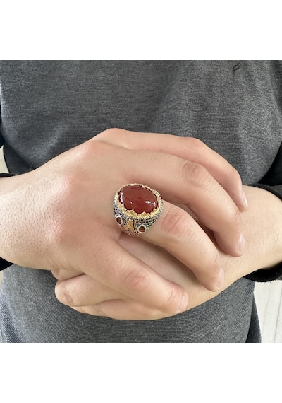 925 Ayar Gümüş Oval Akik Taşlı Erkek Yüzük Gümüş