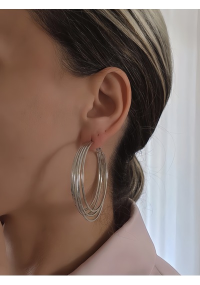 Katmanlı Halka İnterlock Hoop Gümüş Renk Küpe 6cm Silver