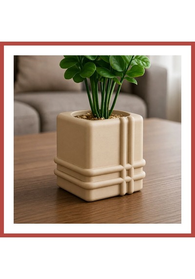 Bezos 3d Baskı Square Planter - Izgara Desenli Küp Saksı-bej Erdotıca Standart