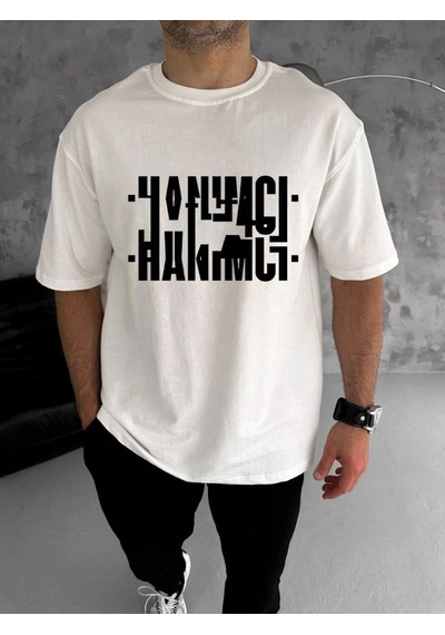 Erkek Tişört Kısa Kol Bisiklet Yaka Katlanan Hanımcı Baskılı T-shirt - Beyaz