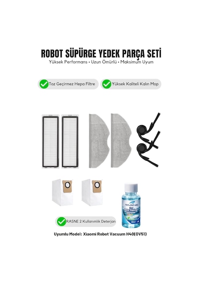 Robot Vacuum H40 Ov51 İle Uyumlu 2 Yan Fırça 2 Filtre 2 Mop 1 Deterjan 2 Toz Torbası 5.0