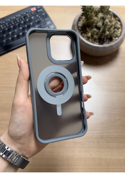 Apple iPhone Uyumlu 16 Pro Standlı Ve Yüzüklü Magsafe Kılıf Soocase721 Gri