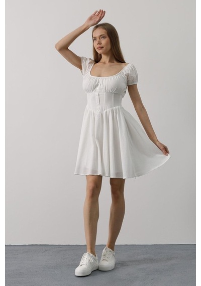 Periliçekeçe Beli Korseli Mini Elbise - Beyaz
