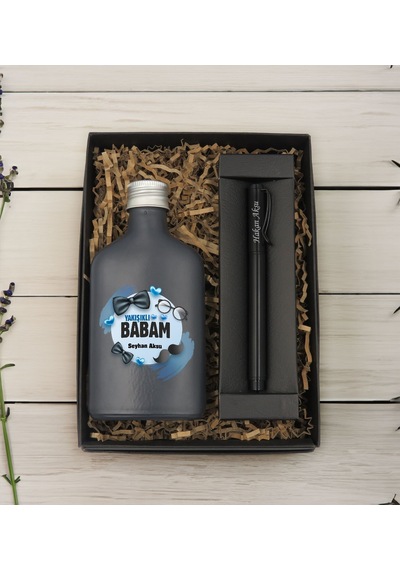 Bk Gift Kişiye Özel İsimli Baba Temalı Antrasit Tasarım Cam Şişede Kolonya 200 Ml & Siyah Metal Roller Kalem Hediye Seti-9, Babaya Hediye, Babalar Gün