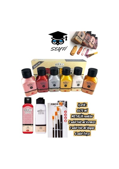 6x75 Ml Metalik Renkler 1 Adet 140 Ml Kırmızı 1 Adet 140 Ml Beyaz 4 Adet Fırça 0000 Naturel
